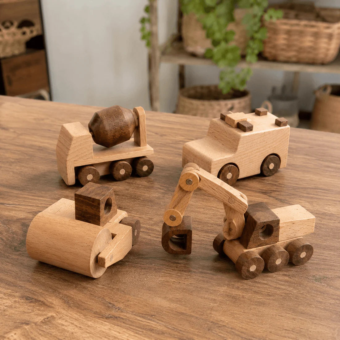 Wooden Construction Vehicle Toy Set for Toddlers – 4 Handmade Beech Wood Vehicles